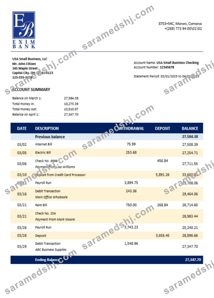 Comoran Exim bank enterprise account statement Word and PDF format
